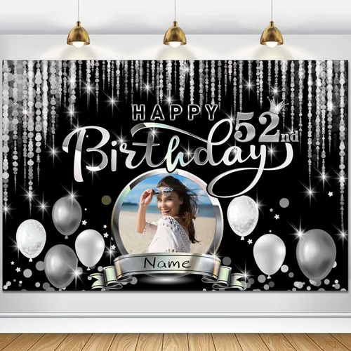 Vista 105 de Cartel de decoración de feliz cumpleaños número 100 personalizado - Personalización disponible - Negro y plateado - Tamaño grande - Admite fotos