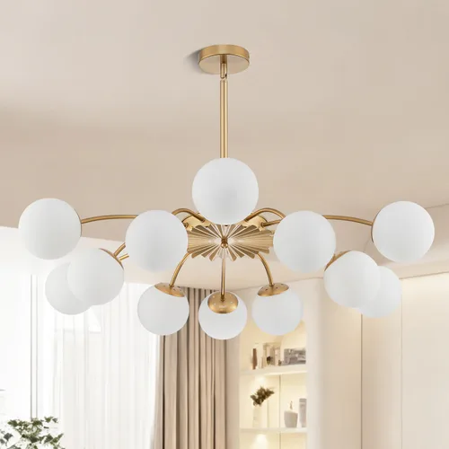 Vista 12 de Longree Sputnik - Lámpara de techo semiempotrada con forma de globo de vidrio de leche de 6 luces, color dorado, arte de mediados de siglo, moderna
