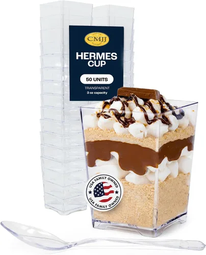 Vista 10 de Paquete de 50 vasos cuadrados pequeños de plástico para postres Hermes de grado profesional reciclable transparente desechable para postres