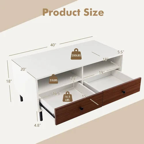 Vista 3 de Giantex Mesa auxiliar rectangular de madera, mesa central moderna de 2 niveles con 2 cajones, 2 estantes de almacenamiento, fácil montaje, soporte