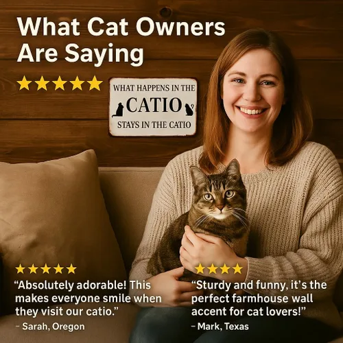 Vista 5 de Cartel de metal con diseño de hojalata de amante de gatos, "What Happens In The Catio Stays In The Catio", cartel divertido para casa de gatos