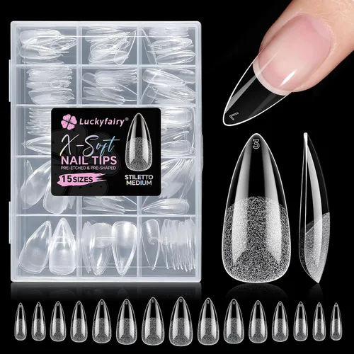 Vista 12 de Luckyfairy Puntas de uñas de ataúd medianas, 15 tamaños, 150 uñas postizas