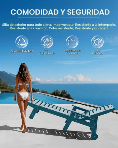 Vista 7 de Chaise Lounge Chair al aire libre con ruedas, silla de patio de gran tamaño con textura de madera, silla de plástico de 5 posiciones para piscina