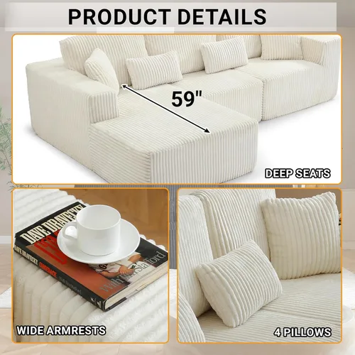 Vista 6 de Sofá modular de 110 pulgadas, sofá modular de pana en forma de L sin hueso con diván, moderno sofá de asiento profundo tapizado para sala de estar