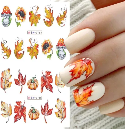 Vista 2 de 12 hojas de calcomanías de uñas de otoño de Acción de Gracias para arte de uñas, hojas de arce, calcomanías de calabaza para uñas de transferencia