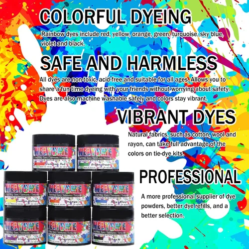 Vista 3 de Polvo de tinte para agua fría, surtido de 8 colores, 7/2-oz. frascos a granel, para teñido anudado, batik, teñido con hielo