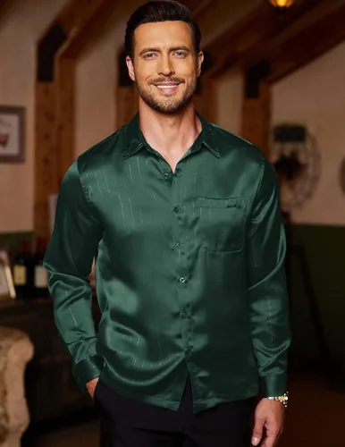 Vista 2 de COOFANDY Camisa de vestir de satén de lujo para hombre, de seda brillante, manga larga, con botones, camisa de boda, fiesta, baile de graduación