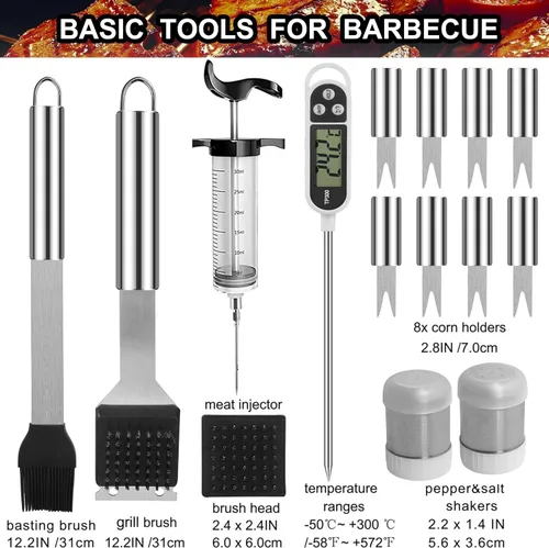 Vista 3 de Grilljoy Juego de 24 herramientas para parrilla de barbacoa con termómetro de carne e inyector, tenedor de acero inoxidable extragrueso, espátula