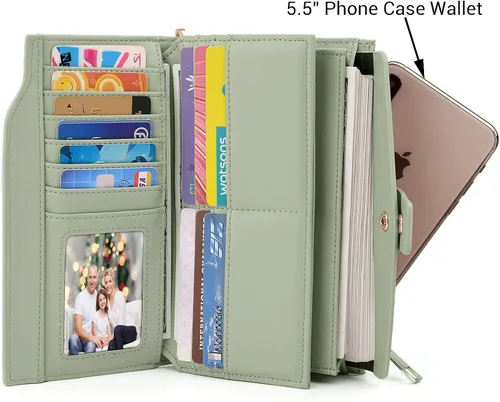 Vista 7 de UTO Cartera de cuero vegano para mujer, cartera larga con broche de presión, tarjetero de crédito, elegante embrague
