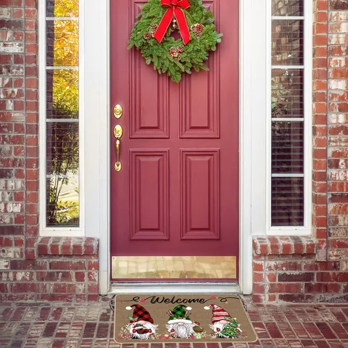 Vista 2 de TREWAVE Felpudo Decorativo de Bienvenida Navideño, Tapete de Puerta de Gnomo Navideño a Cuadros Buffalo, Alfombra de Entrada Antideslizante, 29 x 17