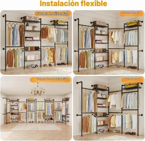 Vista 6 de Higeego W4 - Perchero industrial de tubería montado en la pared, sistema de armario expandible para colgar ropa, perchero resistente ajustable