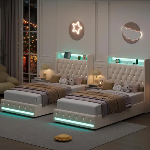 Vista 7 de HIFIT Marco de cama tapizada tamaño individual LED con cabecera de estación de carga y 4 cajones de almacenamiento, marcos de cama de plataforma