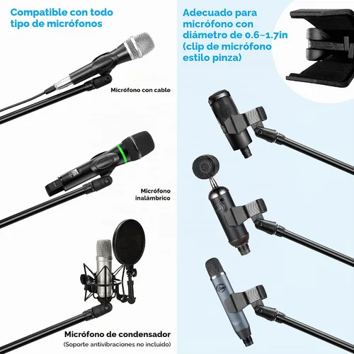Vista 3 de Paquete de 2 soportes para micrófono, soporte de micrófono trípode Bietrun con altura de boom ajustable, con bolsa de transporte y clips