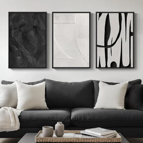 Vista 34 de Arte de pared abstracto moderno enmarcado en blanco y negro, 3 piezas de impresiones en lienzo pinturas obras de arte para paredes, cuadros Negro