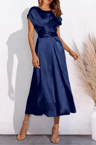 Vista 4 de PRETTYGARDEN Vestido midi de satén de verano 2023 para mujer, manga casquillo, lazo en la cintura, elegante, vestido acampanado