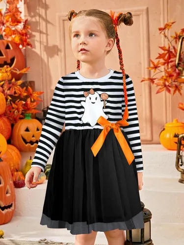 Vista 5 de Vieille Vestido de tul de Halloween para niñas pequeñas, de manga larga, calabaza, princesa, fiesta, faldas a rayas, ropa de 2 a 6 años