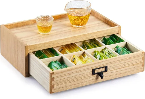 Vista 8 de KIRIGEN Caja de almacenamiento de té de madera maciza de Paulownia con 8 compartimentos, gabinete de té de madera hecho a mano con mango de metal