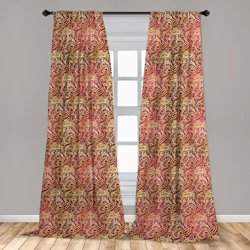 Vista 3 de Ambesonne Cortinas amarillas de damasco, estilo oriental oriental dibujadas a mano, patrón de hojas de cachemira repetidas, tratamientos de ventana