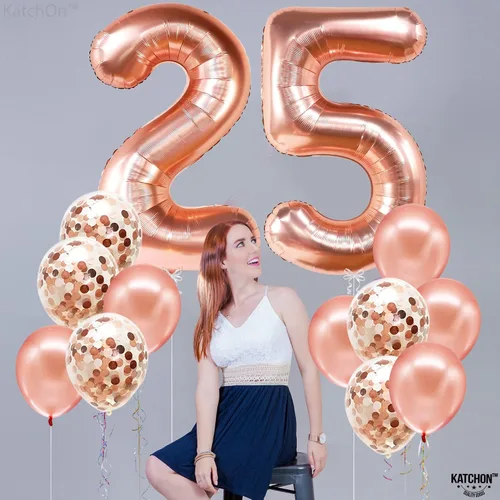 Vista 4 de KatchOn, Globos de oro rosa con el número 25, 40 pulgadas, decoraciones de cumpleaños de 25 para mujer, globos de cumpleaños de 25 años