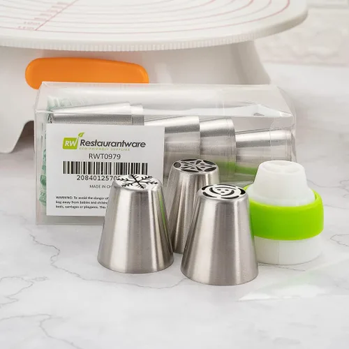 Vista 3 de Restaurantware Pastry Tek - Juego de 21 puntas de tuberías rusas duraderas para decoración de tartas, 10 puntas de tubería, 10 bolsas de tuberías