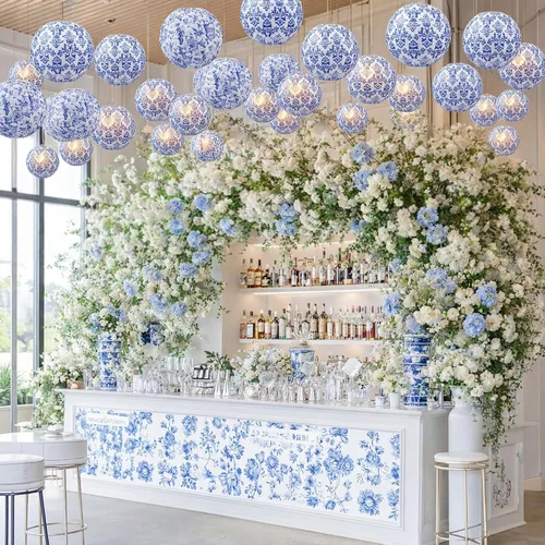 Vista 7 de Retisee 12 linternas de papel chinoiserie de 10 pulgadas con estampado de Azul