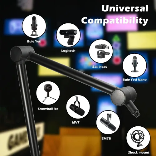 Vista 5 de BOMGE Soporte de micrófono con brazo de brazo – Soporte de brazo de tijera de suspensión ajustable resistente con canales de gestión de cables