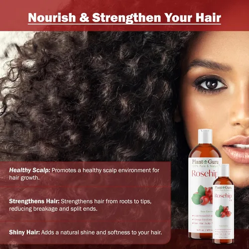 Vista 5 de Plant Guru Aceite de rosa mosqueta sin refinar 16 fl. oz. 100% puro prensado en frío, nutritivo para la piel, cabello, cuero cabelludo y uñas