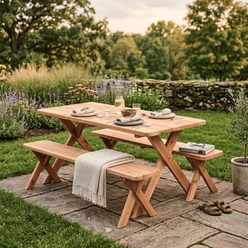 Vista 2 de 4’ Red Cedar Crossleg Table with 2 Benches, Cedar Stain