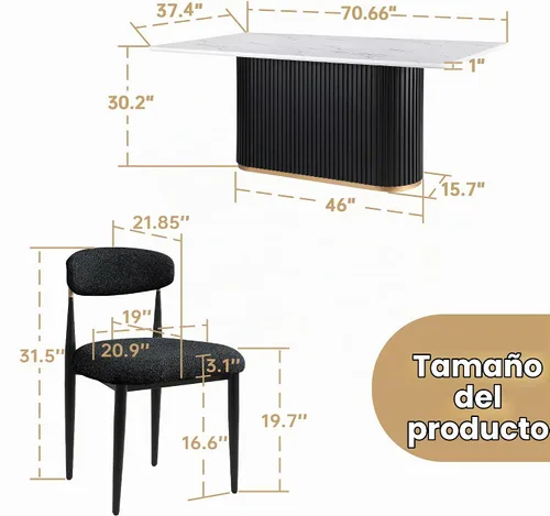 Vista 2 de Juego de mesa de comedor moderno Morden Fort para 4, mesa de cocina de 70" con tapa rectangular de mármol y base estriada negra, 4 sillas tapizadas