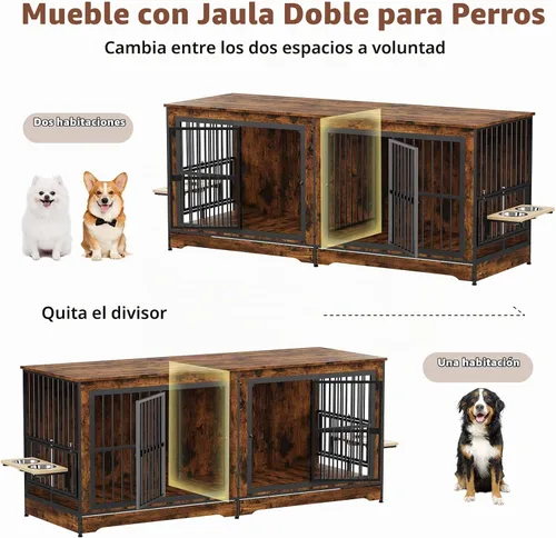 Vista 3 de Rovibek 78 Mueble Jaula Doble para Perros para 2 Perros Grandes de Interior, Muebles de Madera Jaulas para Perros con Cuenco para Perros, Mueble