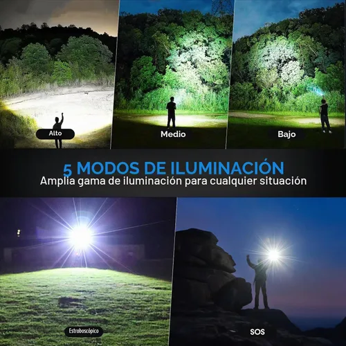 Vista 7 de Linternas recargables, luz de flash súper brillante de alto lúmenes, 5 modos de luz táctica con zoom, linternas potentes de mano impermeables