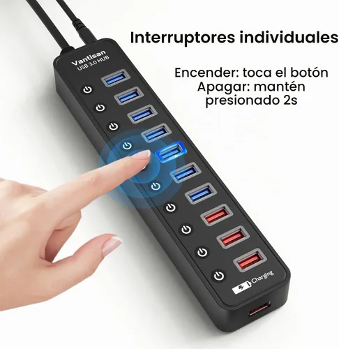Vista 3 de vantisan Concentrador USB 3.0 alimentado, extensión divisor de concentrador USB de 11 puertos, 7 puertos de datos USB 3.0 + 4 puertos de carga Rojo