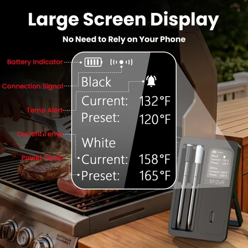 Vista 5 de BFOUR Termómetro digital inalámbrico para carne con 2 sondas impermeables mejoradas, termómetro Bluetooth para barbacoa inalámbrico con pantalla