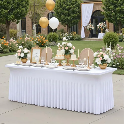 Vista 13 de Paquete de 3 Manteles de Spandex Azul Bebé para Mesas Rectangulares de 6 Pies, Falda de Mesa Azul Elástica Ajustada de 6 Pies para Fiestas de Boda