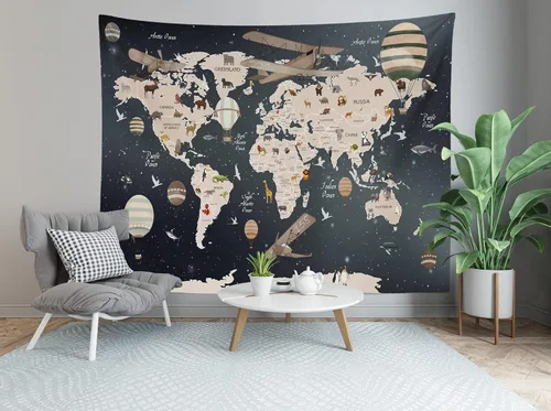 Vista 5 de BELECO Tapiz de mapa del mundo para colgar en la pared, diseño de animales de dibujos animados, 60 x 40 pulgadas, diseño vintage de aviones