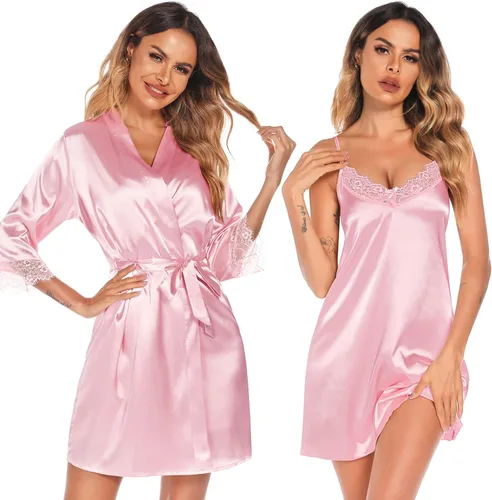 Vista 4 de SWOMOG Conjunto de bata de satén para mujer, conjunto de pijama sexy de 2 piezas, camisón de encaje y batas de seda