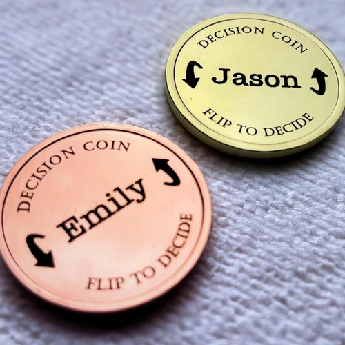 Vista 2 de Moneda de decisión para parejas de latón Moneda abatible grabada con láser Hermosos acabados de color Regalo único para él/ella