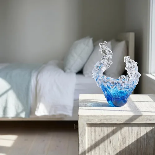 Vista 7 de suruim Figuras de escultura de onda de vidrio soplado a mano, cuenco de vidrio azul y transparente para decoración del hogar, figura de vidrio