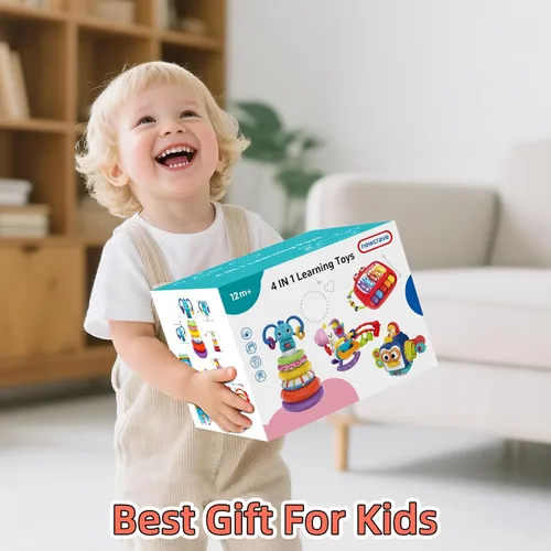 Vista 8 de 4 en 1 Juguetes para bebés de 6 a 12 meses, sensorial e infantil de apilado para 1 año, juguetes de cubo ocupado de dinosaurio para bebés de 6 a 9 a