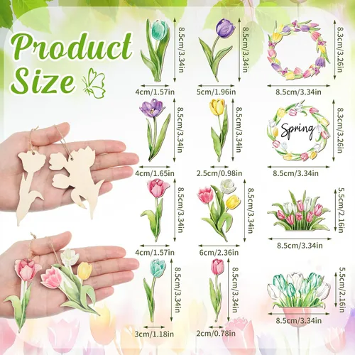 Vista 3 de Wenqik 36 adornos de primavera para árbol, flor de primavera, tulipán, decoraciones de bosque, decoraciones de árbol de Pascua, letrero colgante