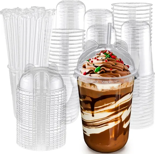 Vista 12 de Qsqwsuye 50 juegos de vasos desechables transparentes de plástico de 12 oz con tapas y popotes de panda, diseño fácil de agarrar, adecuado para café
