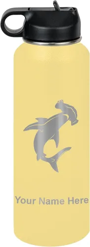 Vista 69 de LaserGram Botella de agua personalizada, tiburón martillo, acero inoxidable de doble pared aislada al vacío con popote superior, regalo grabado