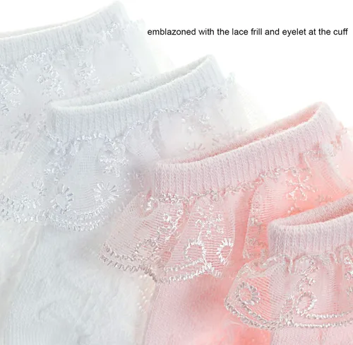 Vista 4 de DRESHOW Calcetines de bebé para niñas con ojales y volantes de encaje, calcetines de vestir para recién nacidosbebésniños pequeñosniños para niña