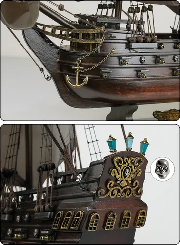 Vista 4 de SAILINGSTORY Modelo de Barco Pirata de Madera Black Pearl Barco de Vela Decoración de Velero 20.5" Velas Antiguas Detalles auténticos artesanales