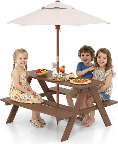 Vista 10 de Costzon Mesa de picnic para niños, mesa y sillas de madera de abeto para exteriores con paraguas extraíble, mesa de picnic para niños pequeños