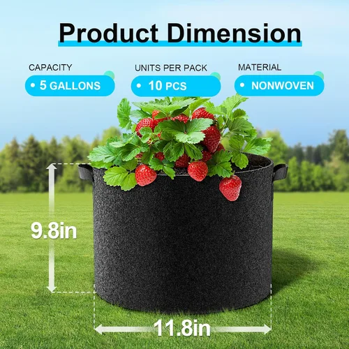 Vista 2 de Land Guard Paquete de 10 bolsas de cultivo de tela de 5 galones, macetas de jardín no tejidas gruesas, bolsas de cultivo con asas, color negro