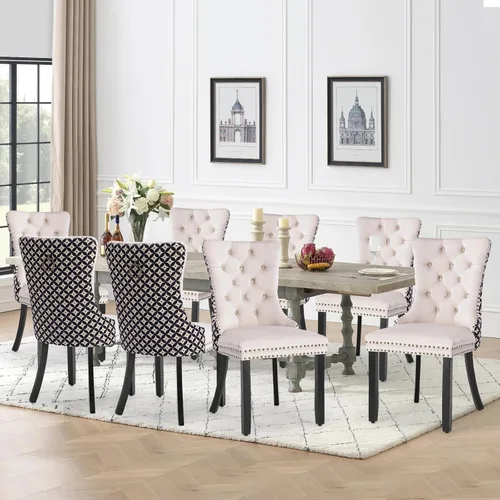 Vista 61 de Juego de 2 sillas de comedor de terciopelo con patas de madera, color beige Mid Century Modern Dining Chairs,Upholstered Chairs with Nailhead