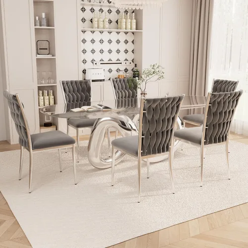 Vista 31 de Juego de 2 sillas de comedor de terciopelo, modernas sillas de cocina tejidas con patas de metal dorado, cojín tapizado con respaldo alto