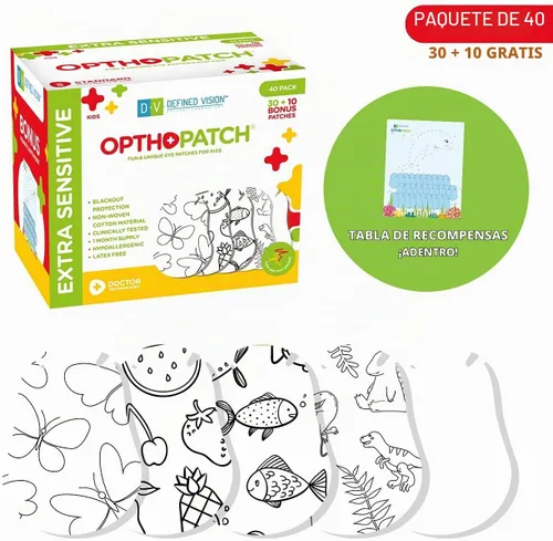 Vista 2 de Opthopatch Parches para ojos para niños, adhesivo extra sensible, colorea tu propio parche, 40 unidades + 1 tabla de recompensas