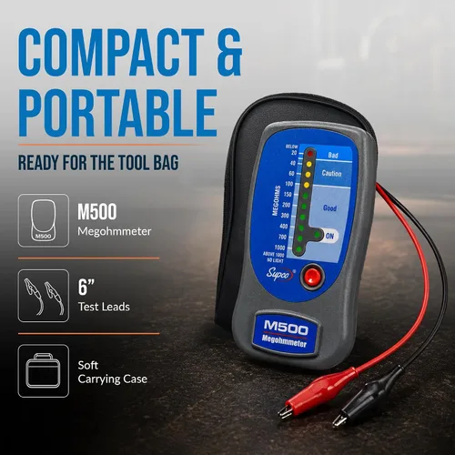 Vista 6 de Supco M500, medidor de aislamiento, megóhmetro electrónico con estuche suave portátil, de 0 a 1000 megohms Probador de aislamiento eléctrico